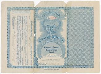 Certificate no. 2673 for two shares of the capital stock of Masonic Temple Corporation Ltd. 