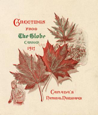 Illustration of three maple leaves; in the background an illustration of soldiers in a trench;  ...