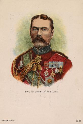 Illustrated portrait of British Army officer Lord Kitchener of Khartoum in uniform with militar ...