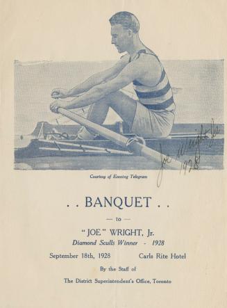 Illustration of champion rower Joe Wright Jr. rowing in his boat. The program is autographed an ...