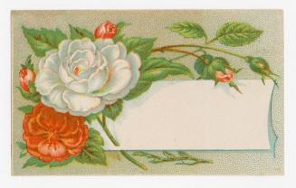 Colour card advertisement depicting flowers and a blank space for inserting a name or memo. The ...