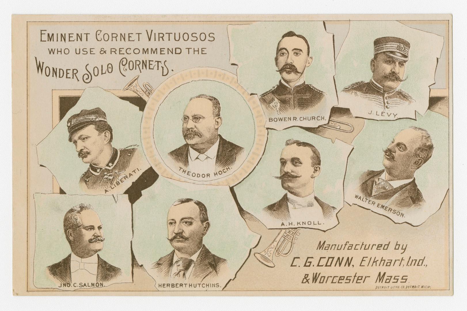 Colour card advertisement depicting illus trations of eight musicians, with text, "Eminent Corn ...