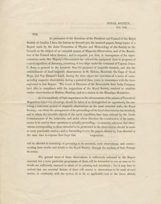 Royal Society, July, 1839.  Sir, in pursuance of the directions of the President and Council of the Royal Society of London…