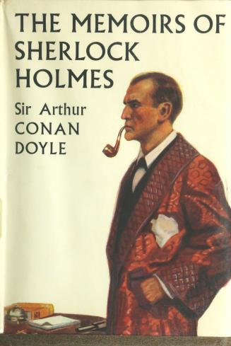 Beige dust jacket with illustration of Sherlock Holmes in his robe, smoking a pipe, standing ov ...