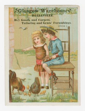 Colour trade card depicting a lady, girl, and chickens, with text stating, "Glasgow Warehouse B ...