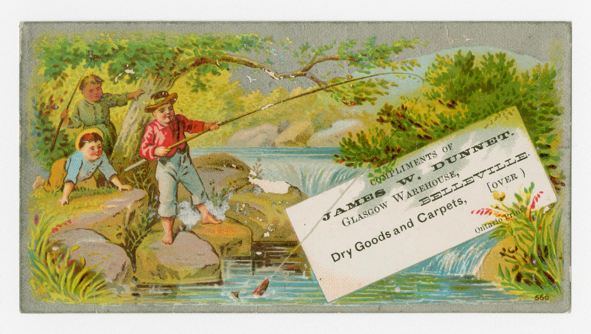 Colour trade card depicting 3 individuals fishing in the creek, with text stating, "Compliments ...