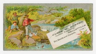Colour trade card depicting 3 individuals fishing in the creek, with text stating, "Compliments ...