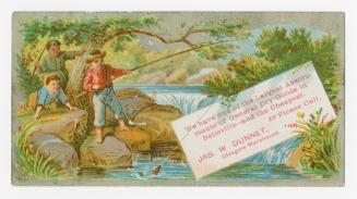 Colour trade card depicting 3 individuals fishing in the creek, with text stating, "We have one ...