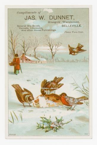 Colour trade card depicting a snowy landscape with birds pecking at a piece of bread. There is  ...