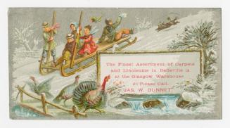 Colour trade card depicting a wintery scene with five individuals on a large sled going downhil ...