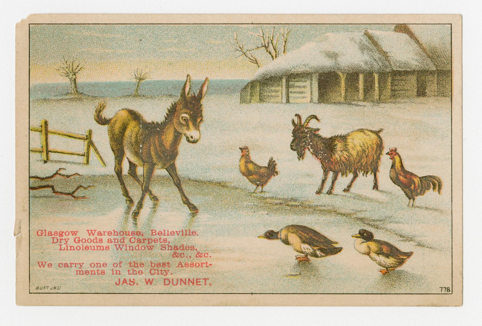 Colour trade card depicting a snowy farm yard with some animals in the foreground. Red text sta ...