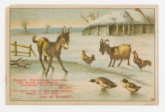 Colour trade card depicting a snowy farm yard with some animals in the foreground. Red text sta ...