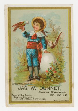 Colour trade card depicting an illustration of a child with a bird on her finger. There is text ...