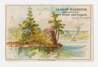 Colour trade card depicting an illustration of an island in the middle of a lake and a steamshi ...