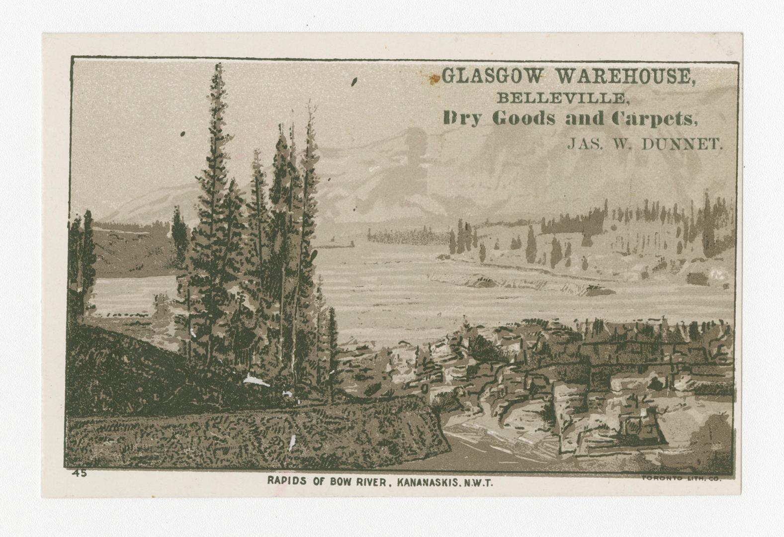 B/W trade card depicting an illustration of a landscape with lake and mountains in the distance ...