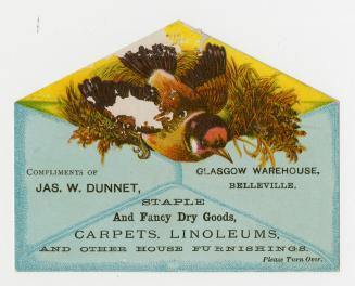 Colour trade card cut in the shape of an open envelope with birds in a nest at the top triangul ...