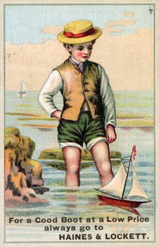 Colour trade card advertisement depicting an illustration of a boy standing in a lake, fully-cl ...