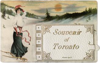 Postcard show a drawing of a woman on snowshoes on a snowy trail with a small accordion pull ou ...