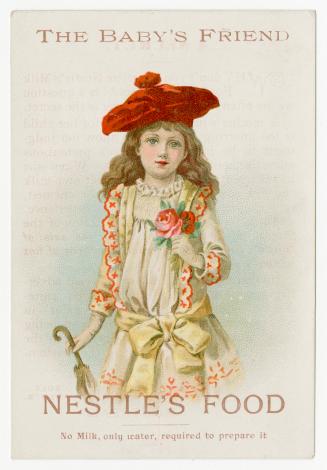 Colour trade card advertisement depicting an illustration of a young lady in a red hat holding  ...