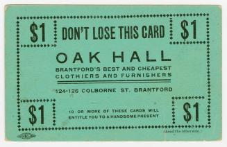 Trade card advertisement printed on green cardstock, caption states, "Don't lose this card // O ...