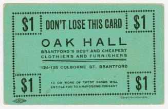 Trade card advertisement printed on green cardstock, caption states, "Don't lose this card // O ...