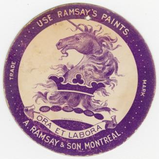 Colour trade card advertisement for Ramsay's Paints, depicting an illustration of a dog with a  ...