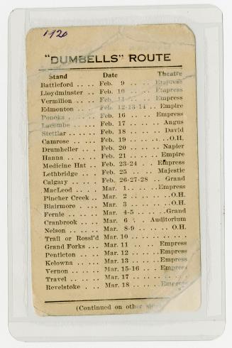 A route card of the Dumbells' 1920 Canadian tour, listing places and dates where they performed ...