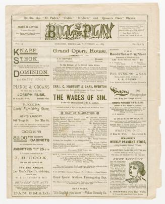 Grand Opera House program for "The wages of sin", playing November 12, 1885 (black ink on uncol ...