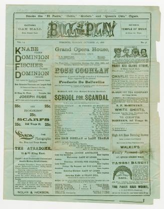 Grand Opera House program for "School for Scandal", opening October 18, 1886 (black ink on ligh ...