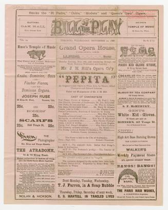 Grand Opera House program for "Pepita", opening November 10, 1886 (black ink on pink ground).