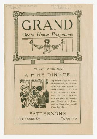 Cover features: name of the Grand Opera House within decorative framing in top half; advertisem ...