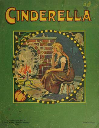 Book cover adorned with illustration of Cinderella looking at fireplace 