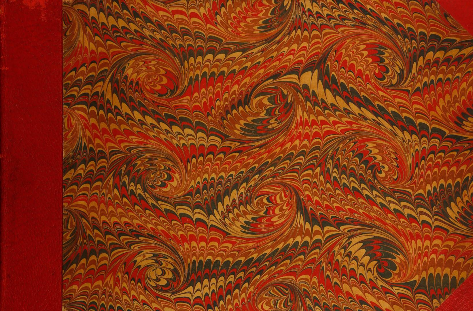 Cover has red marbled design with leather bound spine and corners