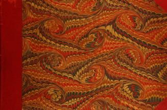 Cover has red marbled design with leather bound spine and corners