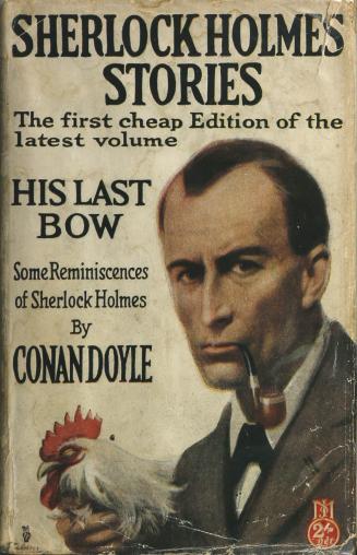Pictorial dust jacket of Holmes with pipe and rooster.