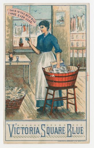 Colour trade card advertisement depicting an illustration of a woman doing laundry in a basin w ...