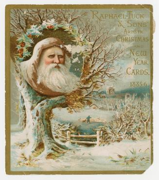 Colour trade card advertisement depicting an illustration of a wintery scene; the head of a man ...