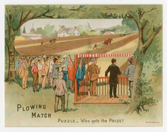 Colour trade card advertisement depicting an illustration of several lines of field being plowe ...