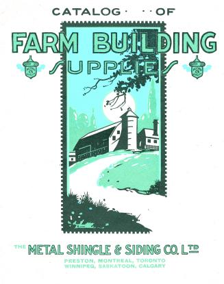 Illustration of farm building in centre of cover, text above and below image, varied font-type