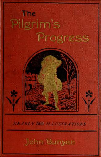 Red book cover with illustration of man walking holding a book