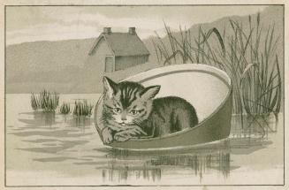 B/W trade card advertisement depicting a cat in a tub floating on water near a marsh. The back  ...
