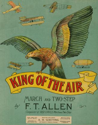 Cover features: title on a banner held aloft by an eagle, surrounded by images of airplanes and ...