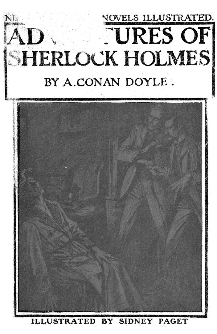 Title and author at top of cover page with illustration of Holmes and Watson below. Holmes is h ...