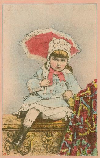 Colour card advertisement depicting an illustration of a girl holding a parasol while sitting o ...