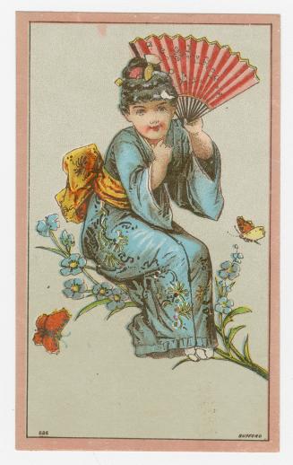 Colour trade card advertisement for J. E. Young, depicting an illustration of a female wearing  ...