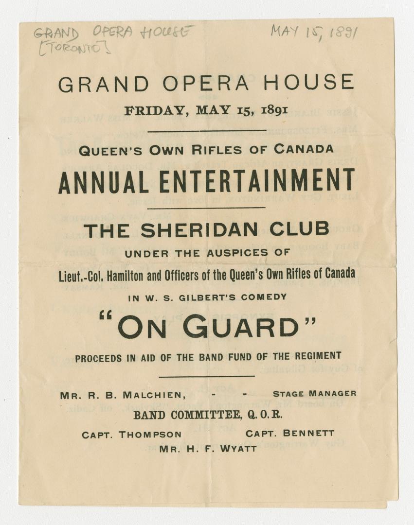 Grand Opera House program for "On guard" by W.S. Gilbert, staged May 15, 1891 (black ink on unc ...