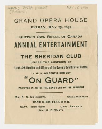 Grand Opera House program for "On guard" by W.S. Gilbert, staged May 15, 1891 (black ink on unc ...