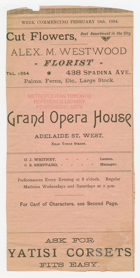 A fragment of a Grand Opera House program for "The merchant of Venice" by William Shakespeare,  ...