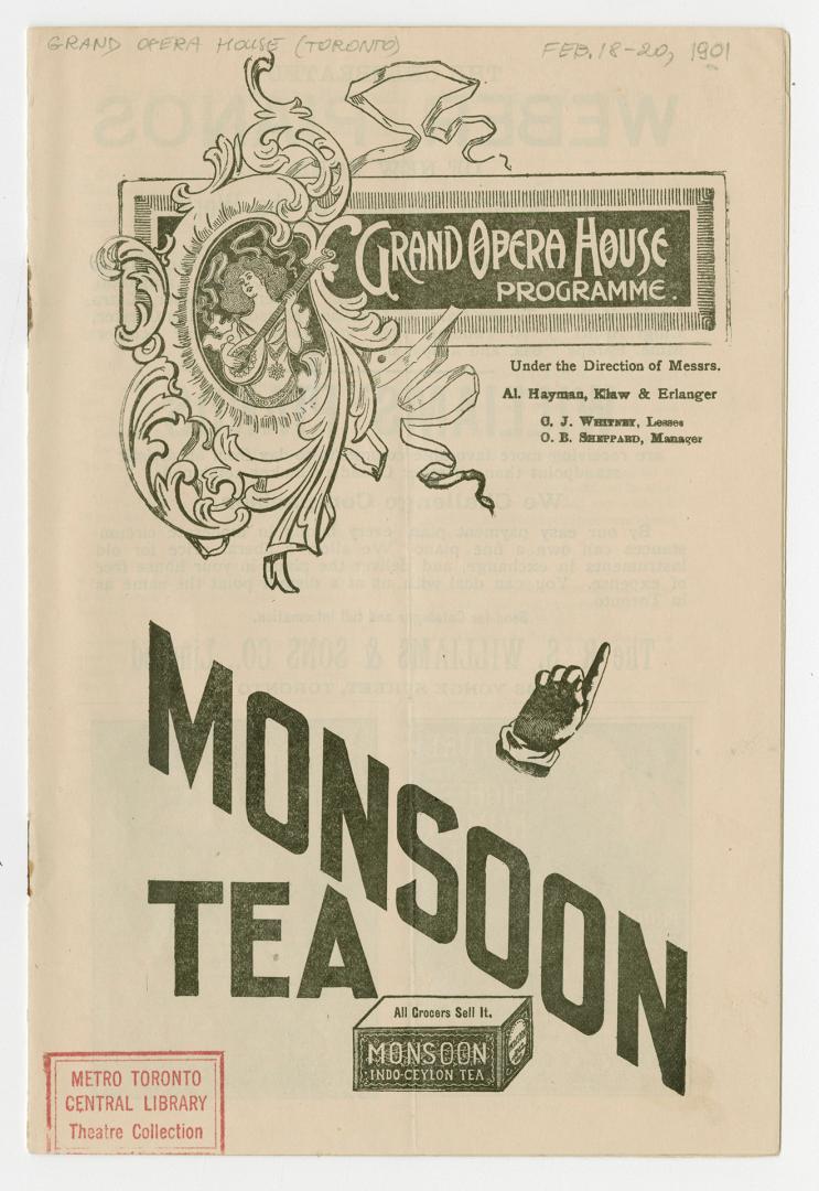 Grand Opera House program for "Hamlet", staged February 18-20, 1901 (black ink on uncoloured gr ...