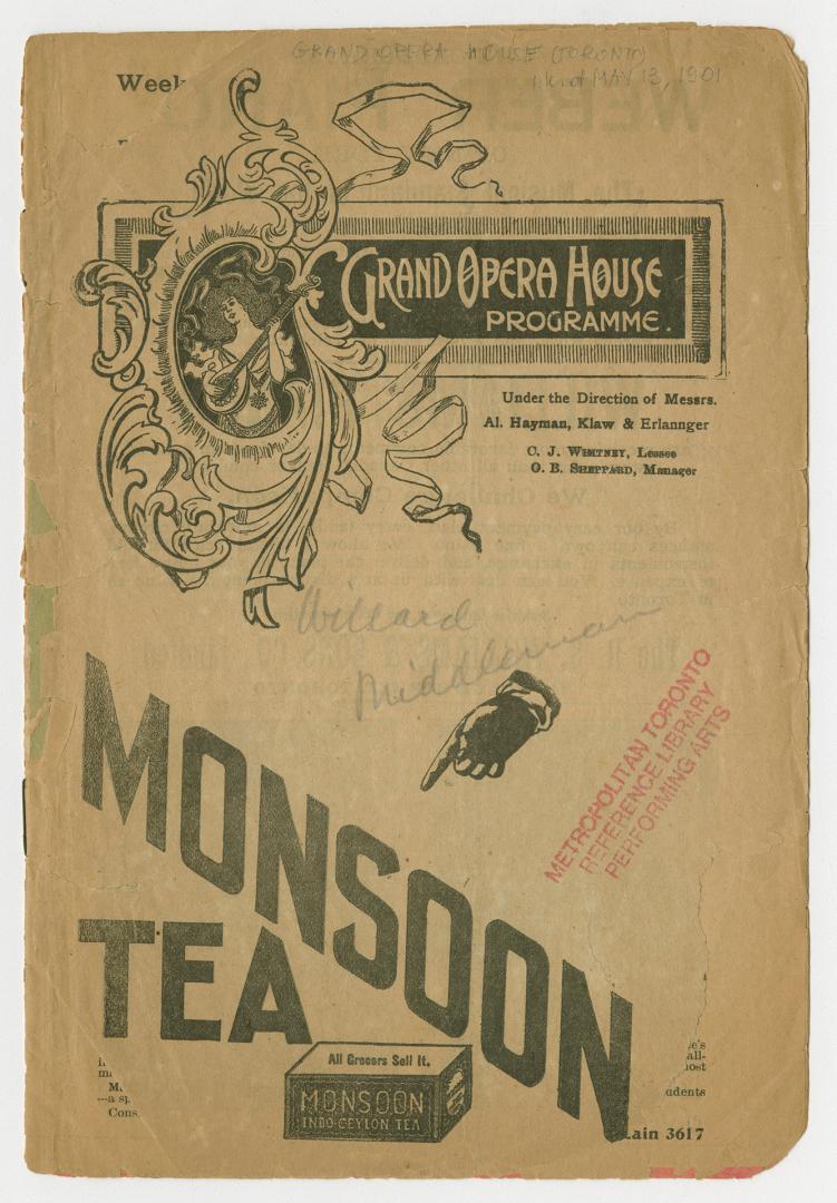 Grand Opera House program for "A silent woman", "David Garrick", and "The middleman", staged th ...